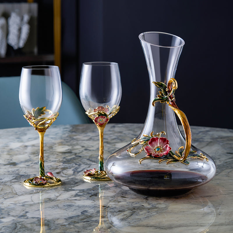 Classic Floral Decanter & Wine Glass Set with Gold Accents