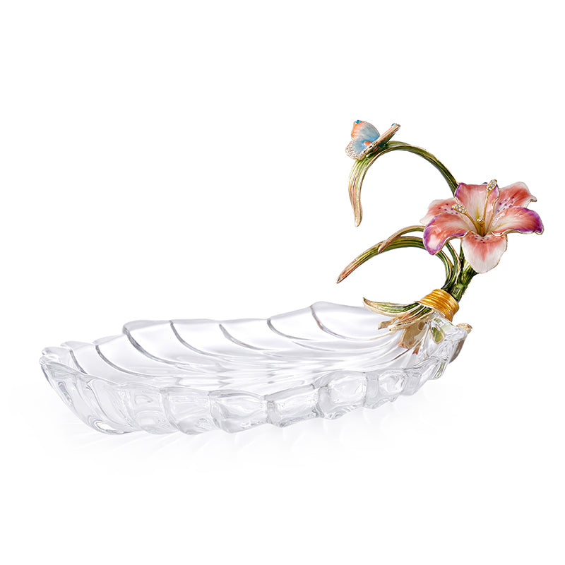 Leaf-Shaped Glass Tray with Classic Floral Design & Butterflies