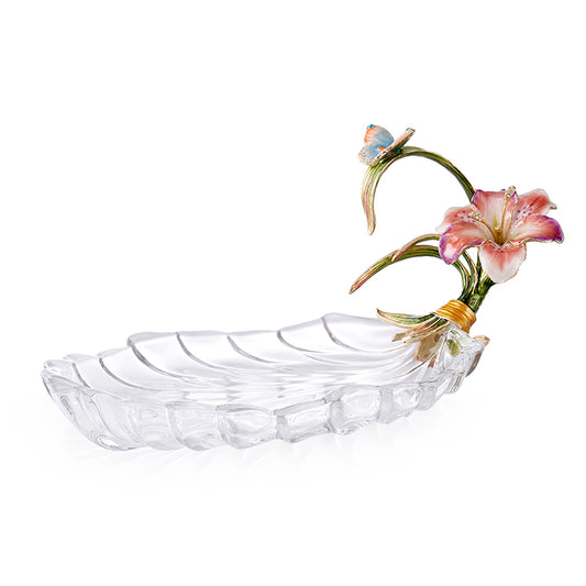 Leaf-Shaped Glass Tray with Classic Floral Design & Butterflies